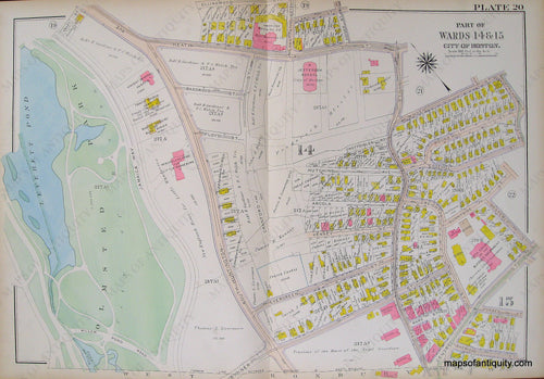 Antique-Hand-Colored-Map-City-of-Boston-Plate-20-(MA)-******-United-States-Massachusetts-1915-Bromley-Maps-Of-Antiquity