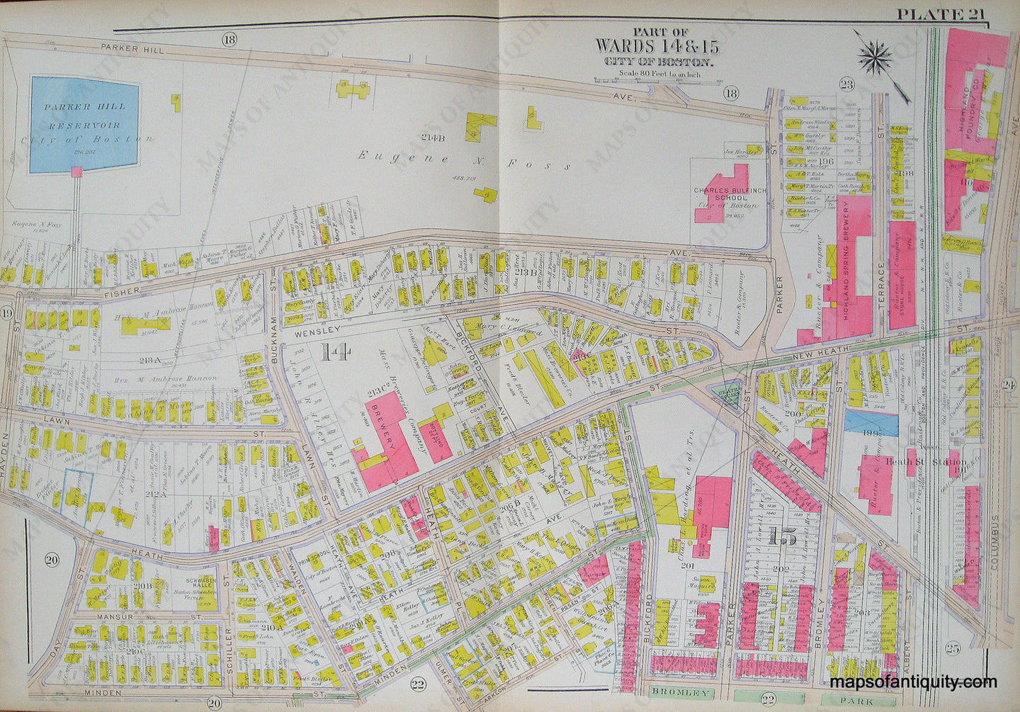 Antique-Hand-Colored-Map-City-of-Boston-Plate-21-(MA)-United-States-Massachusetts-1915-Bromley-Maps-Of-Antiquity