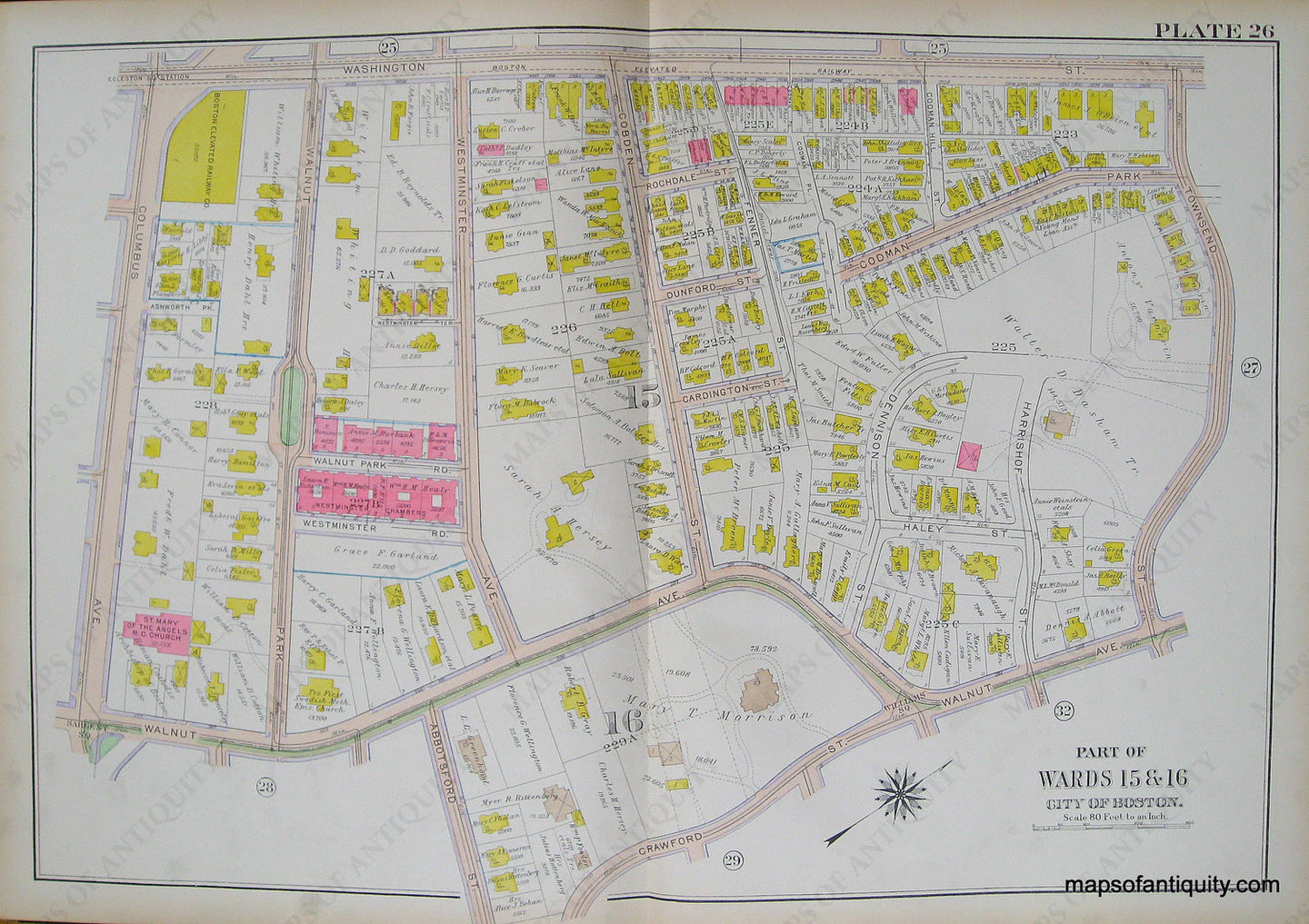 Antique-Hand-Colored-Map-City-of-Boston-Plate-26-(MA)-United-States-Massachusetts-1915-Bromley-Maps-Of-Antiquity