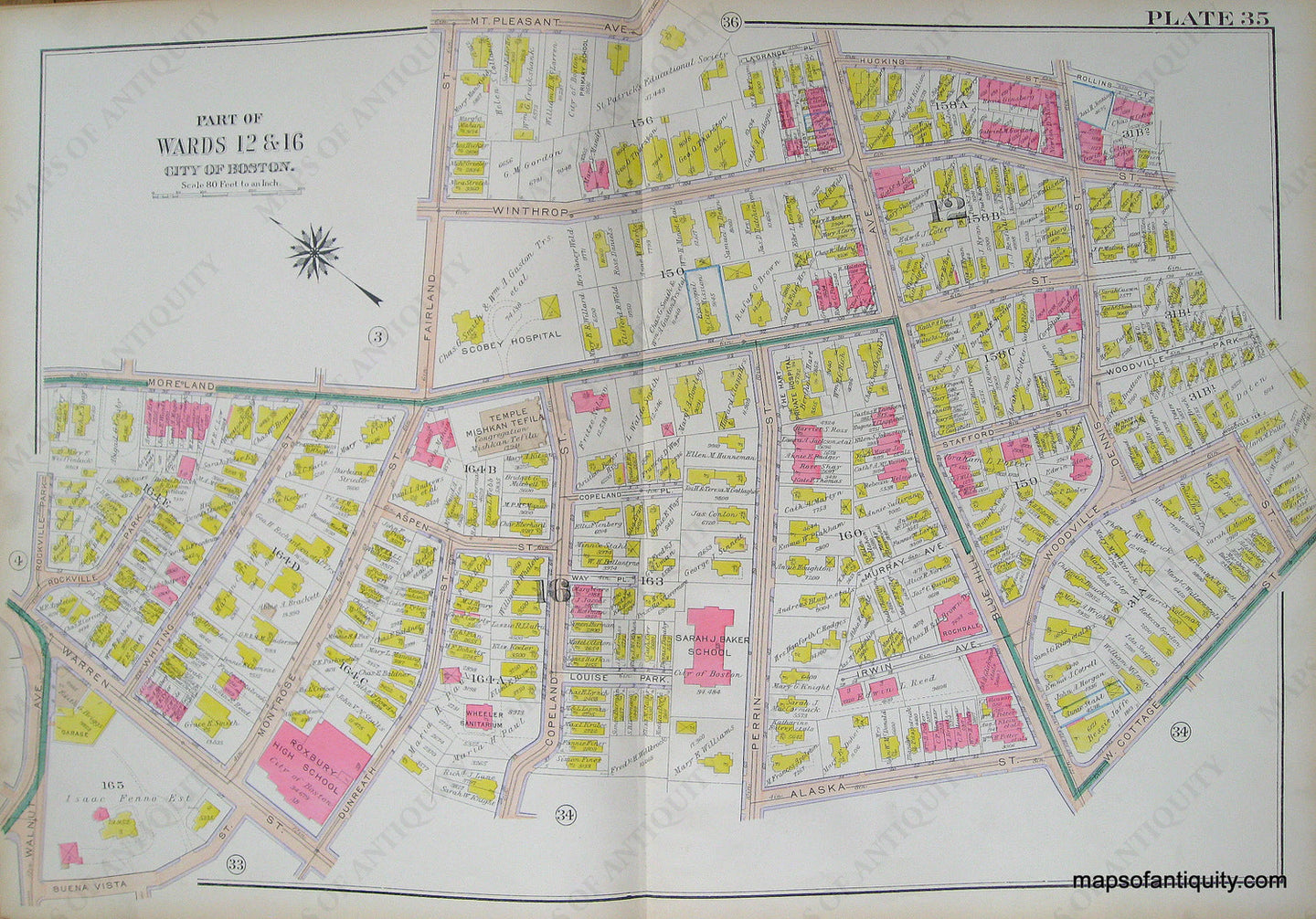 Antique-Hand-Colored-Map-City-of-Boston-Plate-35-(MA)-United-States-Massachusetts-1915-Bromley-Maps-Of-Antiquity