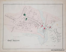 Load image into Gallery viewer, An antique map of East Saugus, Massachusetts, on aged beige paper with fine black ink details, light pink and blue shaded areas, and small green and red blocks. The map features a grid layout of streets, buildings, a river, and labels.
