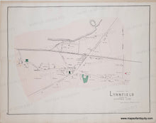 Load image into Gallery viewer, An antique map of Lynnfield, Massachusetts, on aged beige paper with fine black lines and labels, featuring a pale pink shaded area and small green and red highlighted areas. 
