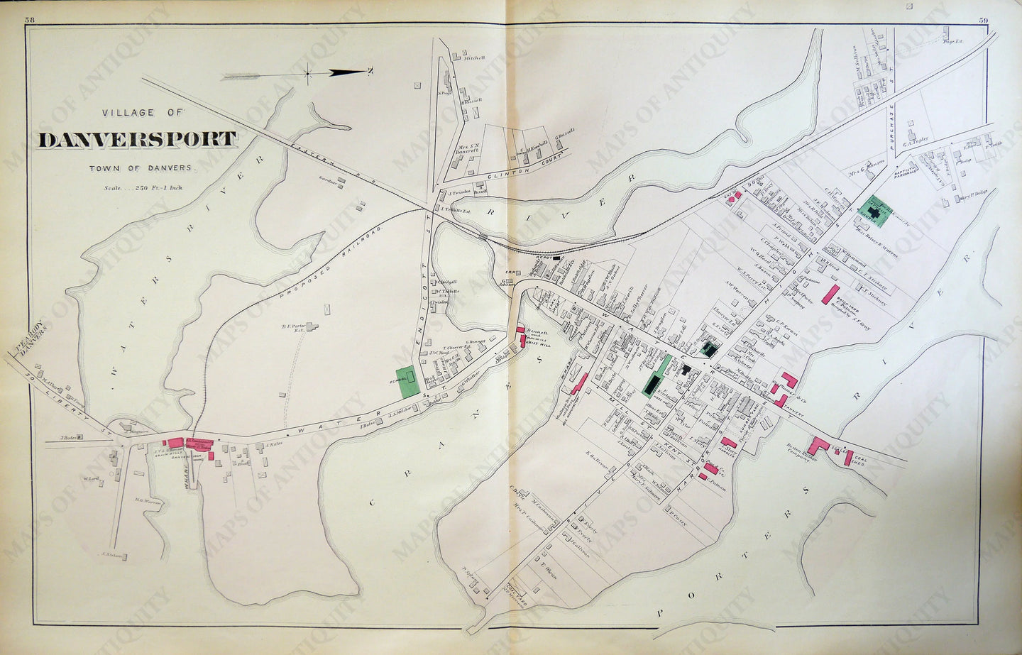 Antique-Hand-Colored-Map-Danvers-Centre-Danversport-East-Danvers-Massachusetts-United-States-Massachusetts-1884-Walker-Maps-Of-Antiquity