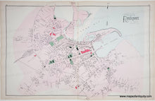 Load image into Gallery viewer, An antique map of Rockport, MA, 1884, featuring a detailed street and harbor layout in black ink with pale pink, green, and red highlights on aged beige paper. The title 'Village of Rockport' is visible in the upper right.
