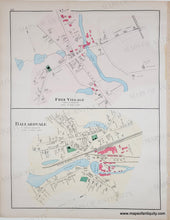 Load image into Gallery viewer, Antique map showing two town plats labeled 'Frye Village' and 'Ballardvale', with streets, waterways, and pink and green marked areas 

