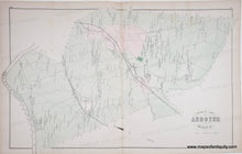 Load image into Gallery viewer, An antique map of Andover, Massachusetts, on aged, off-white paper with fine black and pale green linework, dense property owner labels, and a light pink shaded area. 
