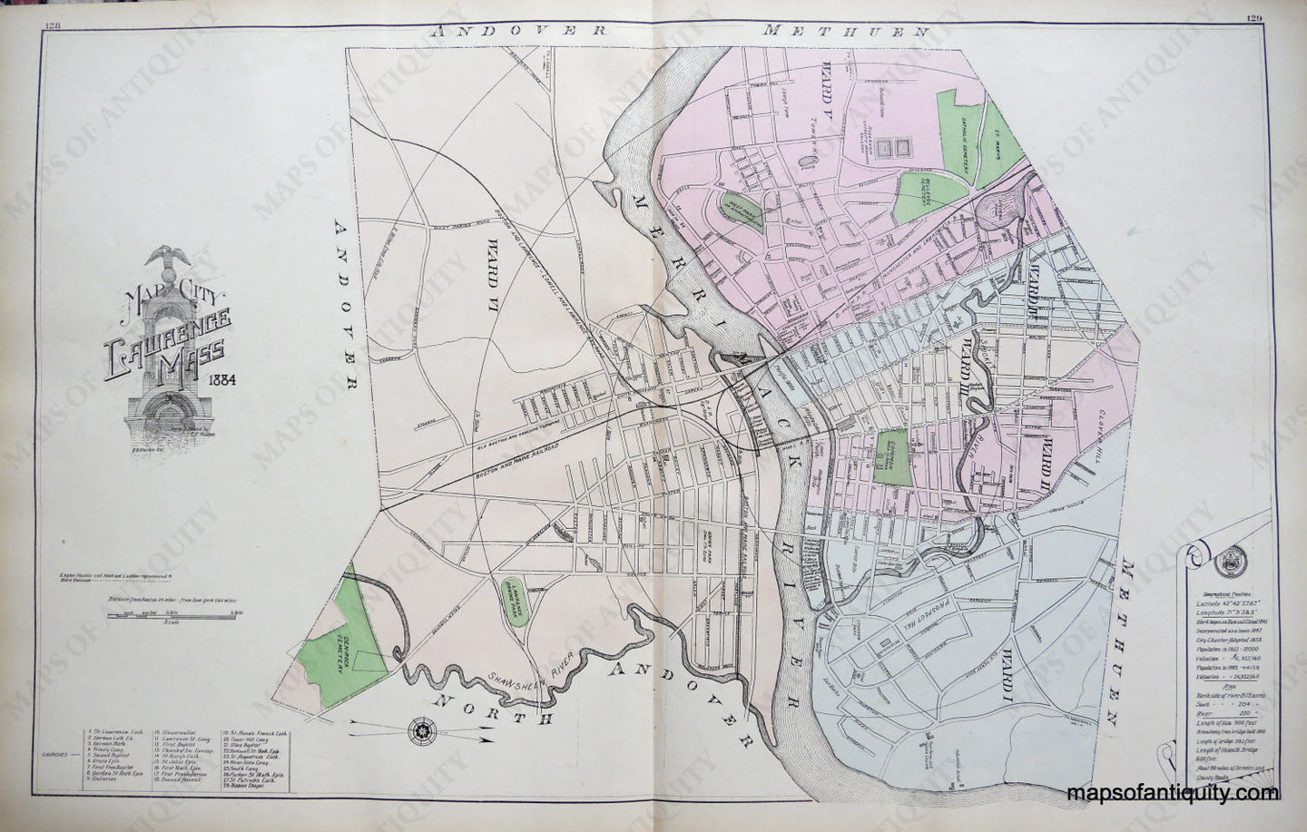 Antique-Hand-Colored-Map-City-of-Lawrence-Town-of-Methuen-and-Village-of-Methuen-Massachusetts-United-States-Massachusetts-1884-Walker-Maps-Of-Antiquity