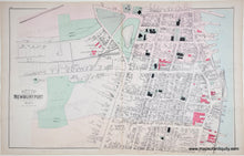 Load image into Gallery viewer, Antique city map of Newburyport, Massachusetts, showing detailed street layouts, waterways, and labeled areas in black, pink, and pale green on an aged beige paper .
