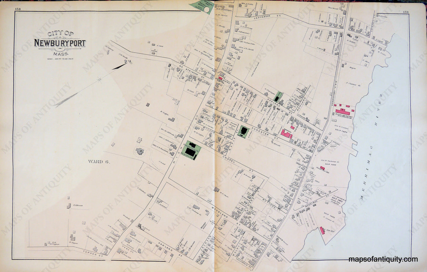 Antique-Hand-Colored-Map-City-of-Newburyport-Town-and-Village-of-West-Newbury-Massachusetts-United-States-Massachusetts-1884-Walker-Maps-Of-Antiquity