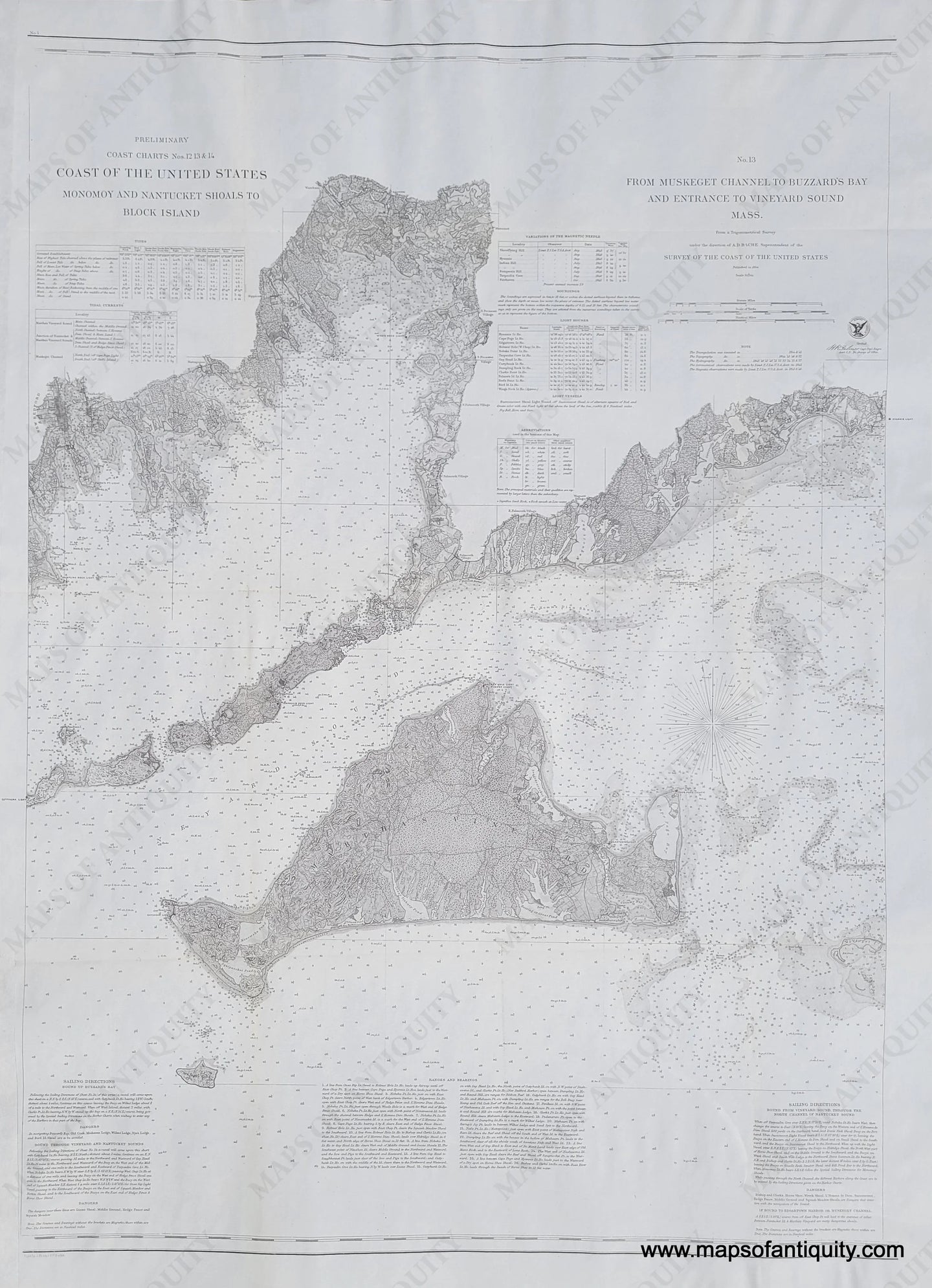 Uncolored antique sailing chart of Buzzard's Bay and Martha's Vineyard from 1860