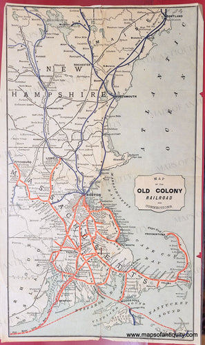Original printed color including red and blue railroad lines, light blue water. Cape Cod and Islands to Portland Maine with Boston, Narragansett, Fitchburg, Lake Winnipesaukee, etc. Antique-Printed-Color-Map-Map-of-the-Old-Colony-Railroad-Mass-Massachusetts--1886--Maps-Of-Antiquity