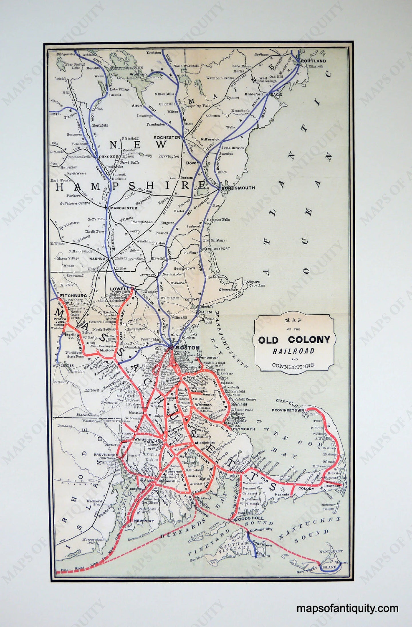 Antique-Printed-Color-Map-Map-of-the-Old-Colony-Railroad-Mass-**********-Massachusetts--1888--Maps-Of-Antiquity