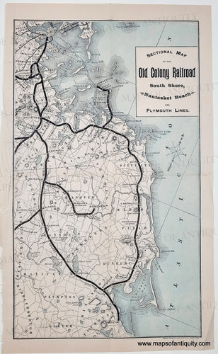 Antique Map of the Old Colony Railroad South Shore and Plymouth Lines in black and white with blue for the water. thicker black lines indicate the railroad. 