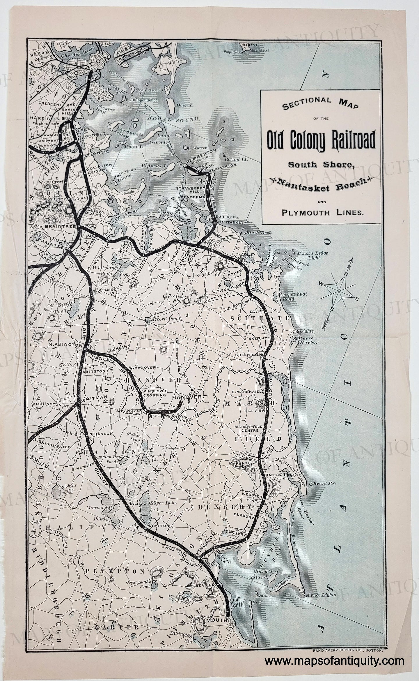 Antique Map of the Old Colony Railroad South Shore and Plymouth Lines in black and white with blue for the water. thicker black lines indicate the railroad. 