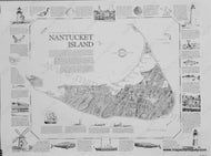 A printed map of Nantucket Island showing landforms, roads, towns, and includes geologic and historical information.
