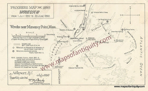 Black-and-White-Antique-Map-Shipwrecks-near-Monomoy-Point-Chatham-MA-******-Massachusetts-Cape-Cod-and-Islands-1893-US-Army-Corps-of-Engineers-Maps-Of-Antiquity