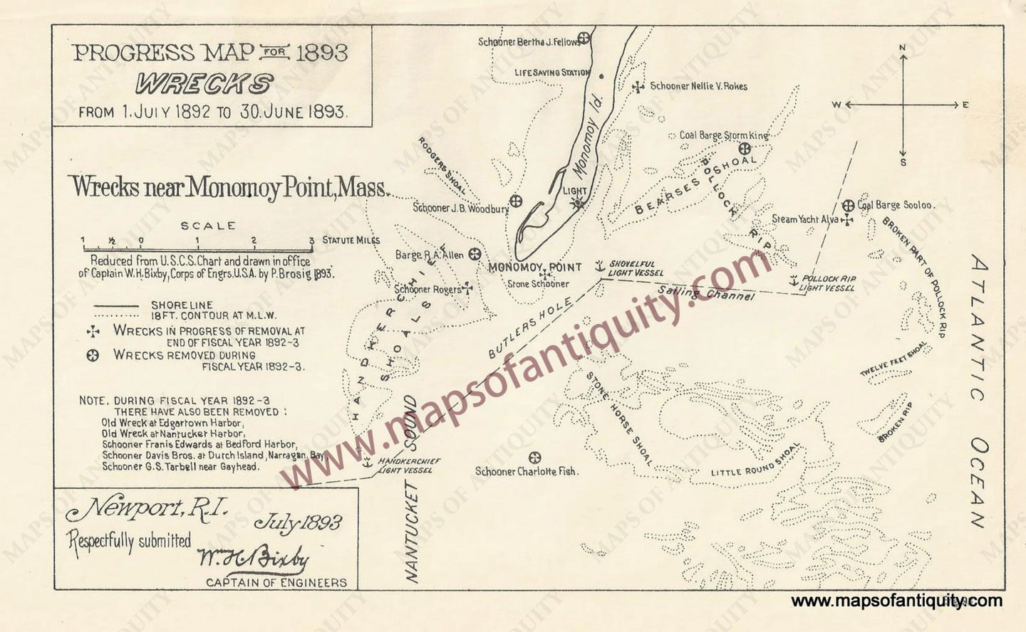 Black-and-White-Antique-Map-Shipwrecks-near-Monomoy-Point-Chatham-MA-******-Massachusetts-Cape-Cod-and-Islands-1893-US-Army-Corps-of-Engineers-Maps-Of-Antiquity