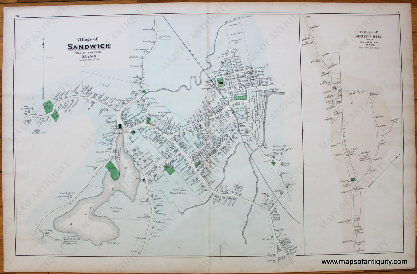 Antique-Hand-Colored-Map-Village-of-Sandwich-and-Village-of-Spring-Hill-pp.20-21-(MA)-Massachusetts-Cape-Cod-and-Islands-1880-Walker-Maps-Of-Antiquity