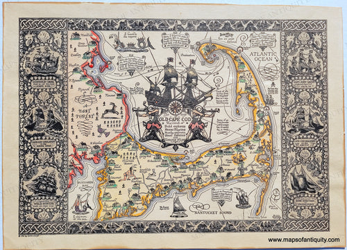 Dynamic map of Cape Cod in bold black ink done as a lino print. decorative border features ships and a shell pattern reminiscent of sailor's valentines. Title shows the mayflower and some pilgrims. border color: yellow for the Cape, red for off cape, and green for towns. Antique-Vintage-The-Map-of-Old-Cape-Cod-The-Land-of-Bold-Explorers,-Heroic-Pilgrims,-Hardy-Seamen,-Great-Fisheries-and-Famous-Ships-Antique-Map-The-Map-of-Old-Cape-Cod-Massachusetts-Cape-Cod-and-Islands-1930-Coulton-Waugh-Maps-Of-Antiquity