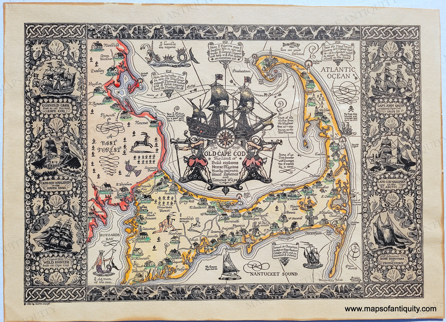 Dynamic map of Cape Cod in bold black ink done as a lino print. decorative border features ships and a shell pattern reminiscent of sailor's valentines. Title shows the mayflower and some pilgrims. border color: yellow for the Cape, red for off cape, and green for towns. Antique-Vintage-The-Map-of-Old-Cape-Cod-The-Land-of-Bold-Explorers,-Heroic-Pilgrims,-Hardy-Seamen,-Great-Fisheries-and-Famous-Ships-Antique-Map-The-Map-of-Old-Cape-Cod-Massachusetts-Cape-Cod-and-Islands-1930-Coulton-Waugh-Maps-Of-Antiquity