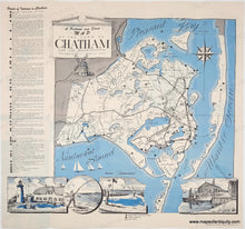 Load image into Gallery viewer, Vintage map of Chatham, Cape Cod, Massachusetts with illustrations and text. in black and white with blue for the water.
