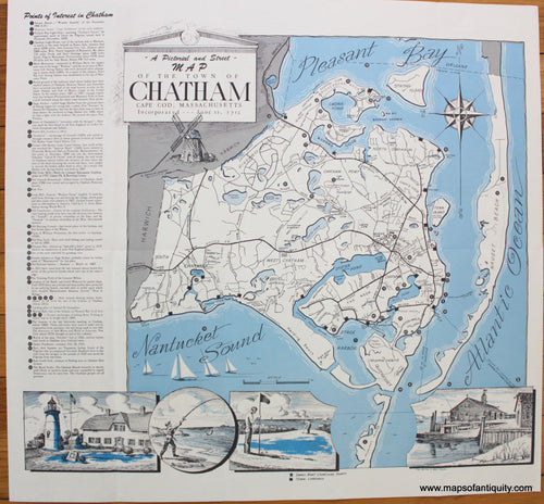 Original-Map-Chatham-Pictorial-Street-1961-Antique-Chamber-Commerce-illustrations-points-of-interest-1960s-20th-century