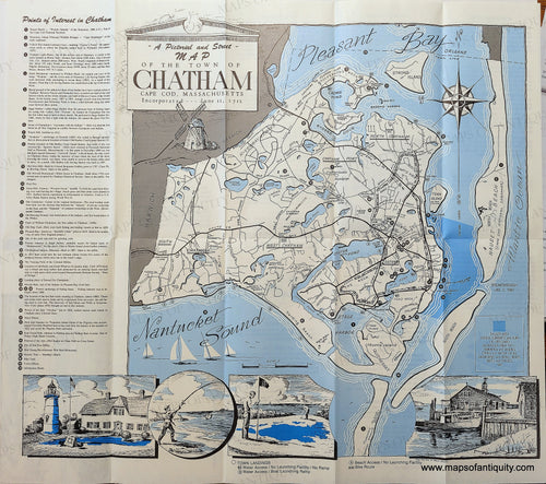 Mostly black and white map with blue water and a key on the left side that corresponds to numbers in the map. Original-Map-Chatham-Pictorial-Street-1987-Antique-Chamber-Commerce-illustrations-points-of-interest-1980s-20th-century