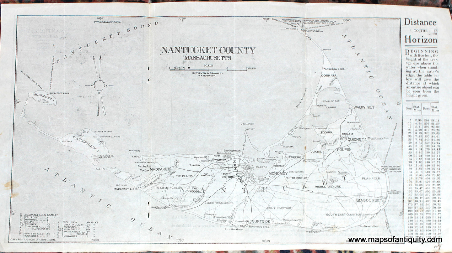 Antique map printed in black and white showing the island of Nantucket with Tuckernuck and Muskeget Islands, showing roads, villages, lighthouses etc. from a travel booklet published in 1918