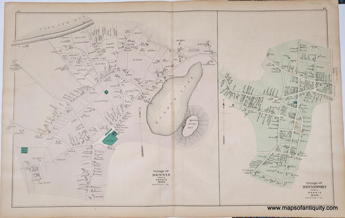 Antique page with two maps. On left is the village of Dennis, MA in antique tones of lavender with dark green for cemeteries. On right is Dennis Port in antique tones of green.