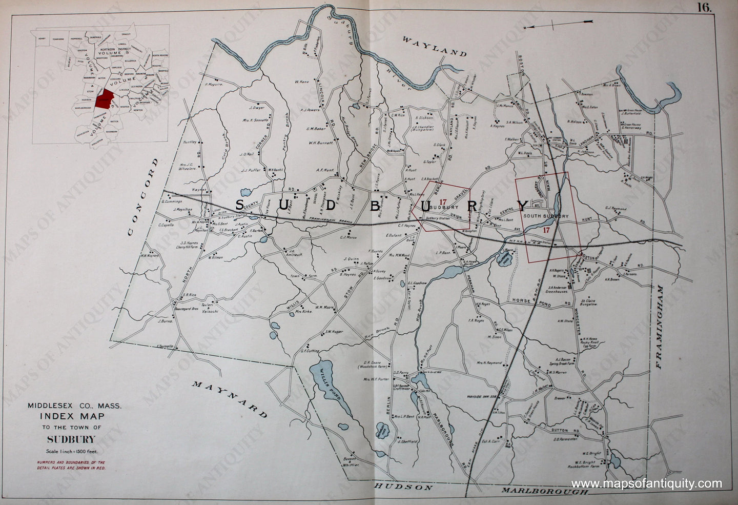 Antique-Hand-Colored-Map-Index-Map-to-the-town-of-Sudbury-US-Massachusetts-Sudbury-1908-Walker-Maps-Of-Antiquity