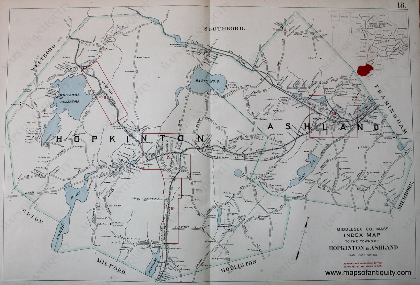 Antique-Hand-Colored-Map-Index-Map-to-the-towns-of-Hopkinton-&-Ashland-US-Massachusetts-Hopkington-Ashland-1908-Walker-Maps-Of-Antiquity