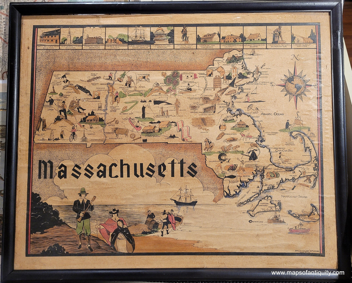 Framed-Antique-Hand-Colored-Map-Massachusetts---framed-map-********-United-States-Massachusetts-c.-1930s-Brickhouse-Studios-Maps-Of-Antiquity