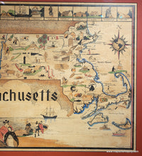 Load image into Gallery viewer, Framed vintage map of Massachusetts with illustrations framed with a red mat and wood frame. 

