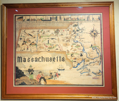 Framed vintage map of Massachusetts with illustrations framed with a red mat and wood frame. 