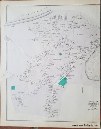 Antique map of part of the village of Dennis, Massachusetts, on Cape Cod, as it was in 1880. With property owners names. hand-colored in antique tones of grey-purple and green for the cemeteries, church, and school