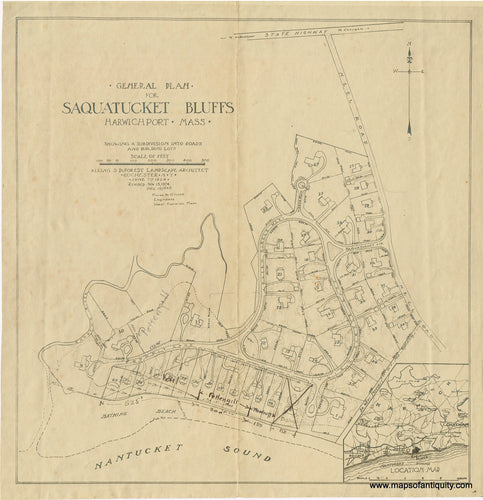 Plan of Saquatucket Bluffs in Harwich Port, Massachusetts on tan antique paper in black ink. With some handwritten notes and changes in black pen.