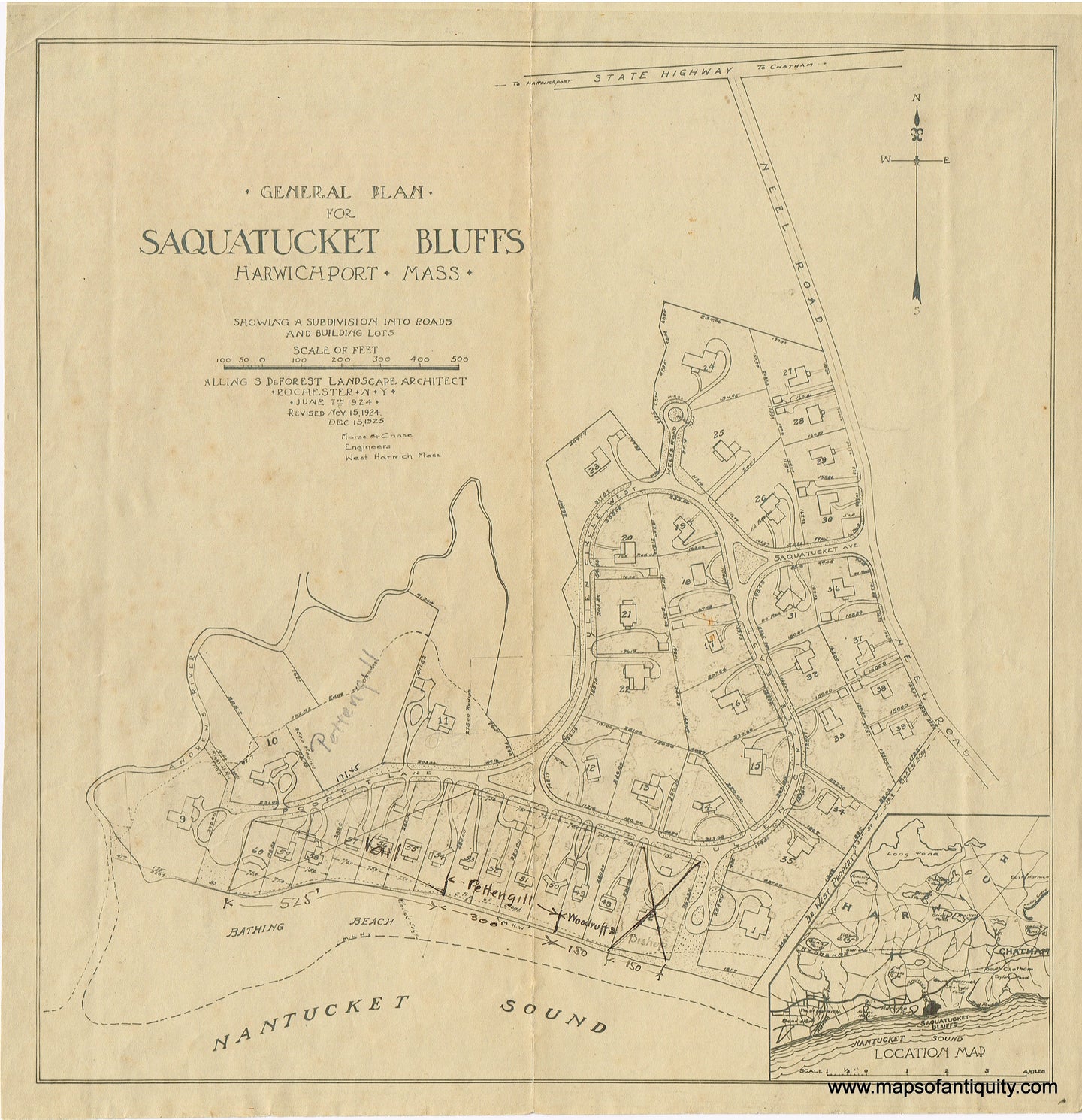 Plan of Saquatucket Bluffs in Harwich Port, Massachusetts on tan antique paper in black ink. With some handwritten notes and changes in black pen.