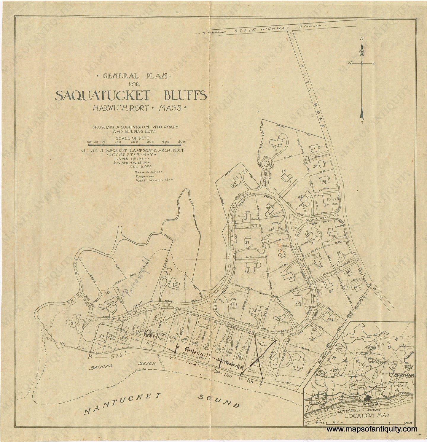 Plan of Saquatucket Bluffs in Harwich Port, Massachusetts on tan antique paper in black ink. With some handwritten notes and changes in black pen.