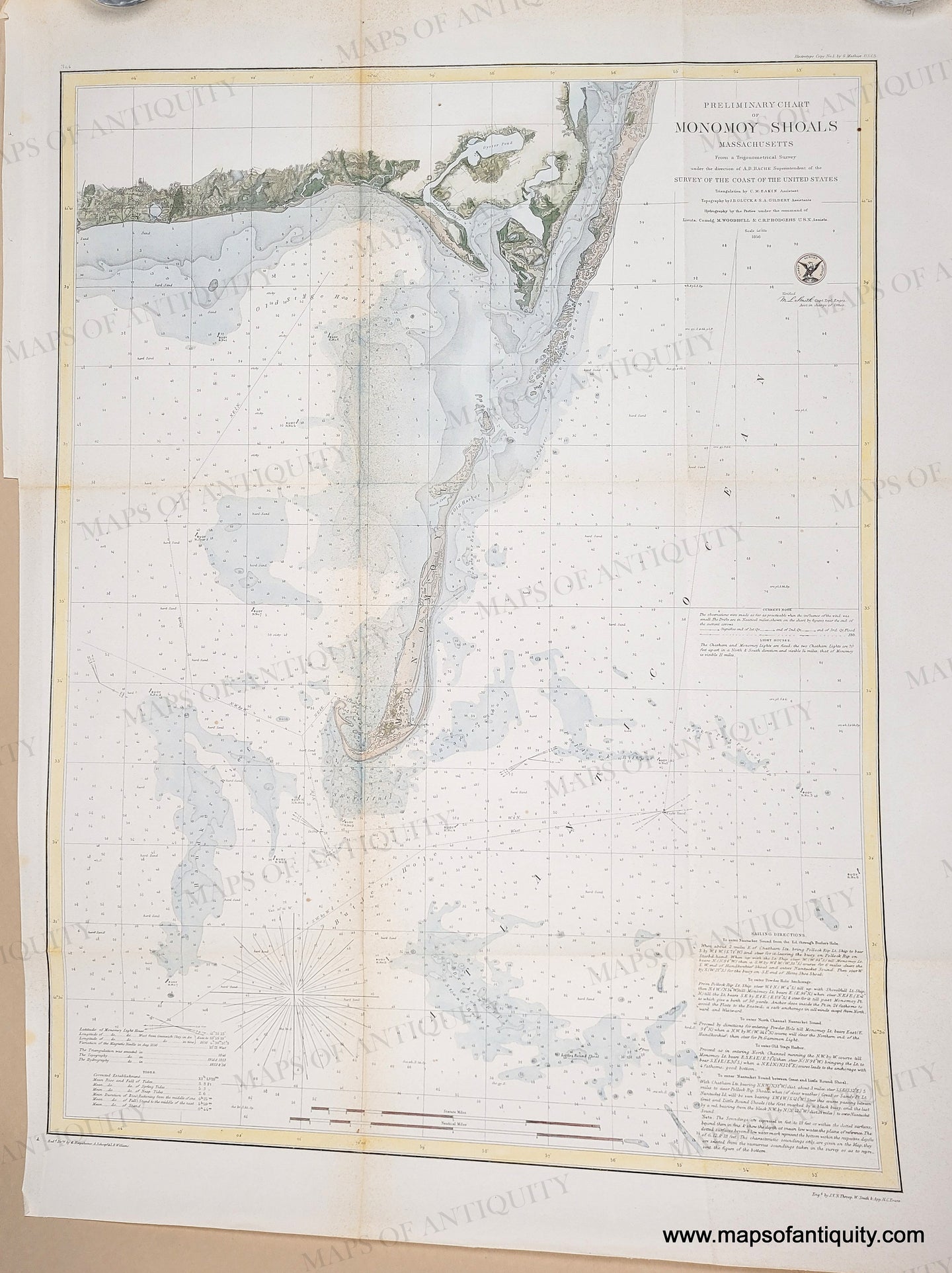 Antique map with hand-coloring in tones of brown, green, blue for water, brick red for cities/buildings. Hand-Colored-Antique-Nautical-Chart-Preliminary-Chart-of-Monomoy-Harbor-Massachusetts-Massachusetts-Cape-Cod-and-Islands-1856-U.S.-Coast-Survey-Maps-Of-Antiquity