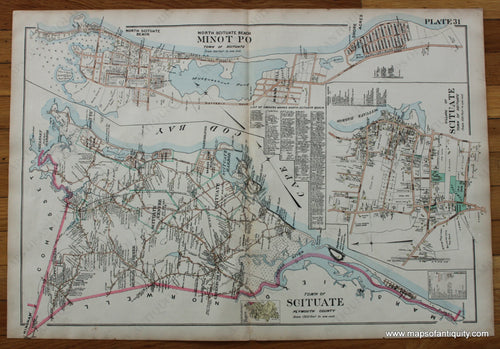 Antique-Hand-Colored-Map-Town-of-Scituate-North-Scituate-Beach-Minot-PO-Village-of-Scituate-(MA)-******-Massachusetts--1903-Richards-Maps-Of-Antiquity