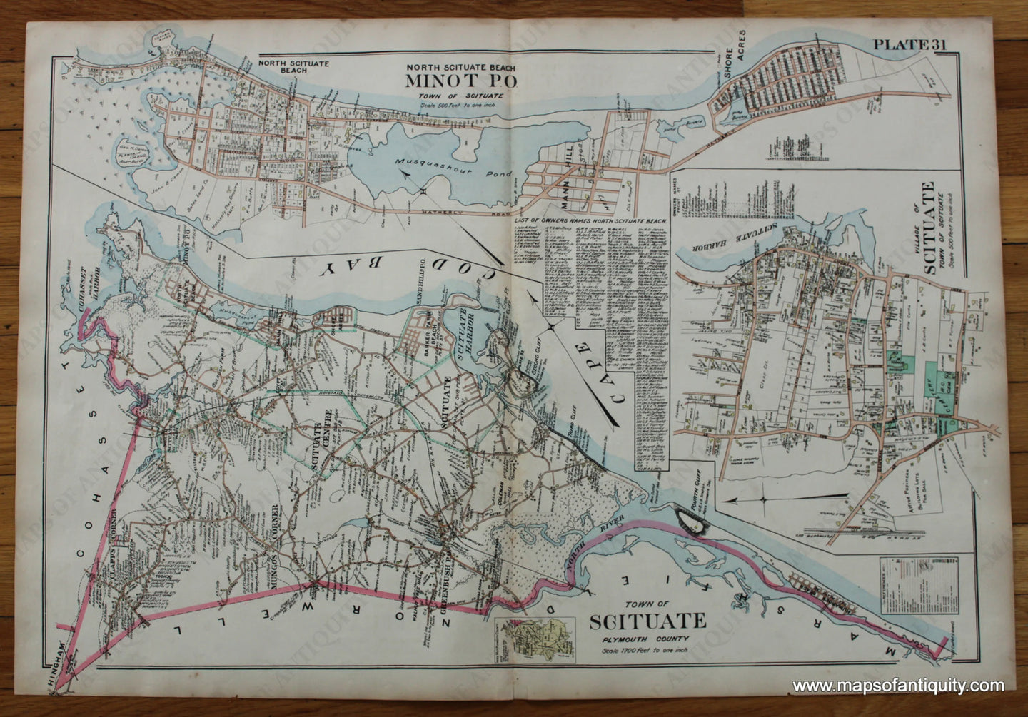 Antique-Hand-Colored-Map-Town-of-Scituate-North-Scituate-Beach-Minot-PO-Village-of-Scituate-(MA)-******-Massachusetts--1903-Richards-Maps-Of-Antiquity