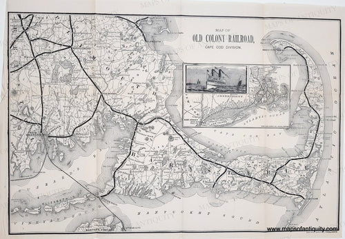 Black and white map with the Old Colony Railroad in thicker black line. Antique-Uncolored-Map-Map-of-Old-Colony-Railroad-Cape-Cod-Division-Cape-Cod--1885-Rand-Avery-Supply-Co.-Maps-Of-Antiquity