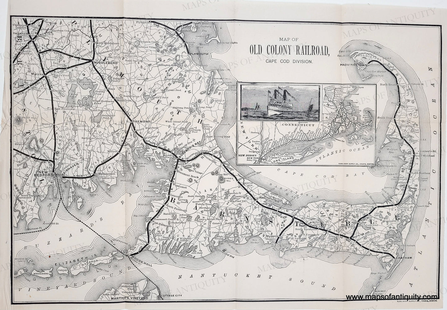 Black and white map with the Old Colony Railroad in thicker black line. Antique-Uncolored-Map-Map-of-Old-Colony-Railroad-Cape-Cod-Division-Cape-Cod--1885-Rand-Avery-Supply-Co.-Maps-Of-Antiquity