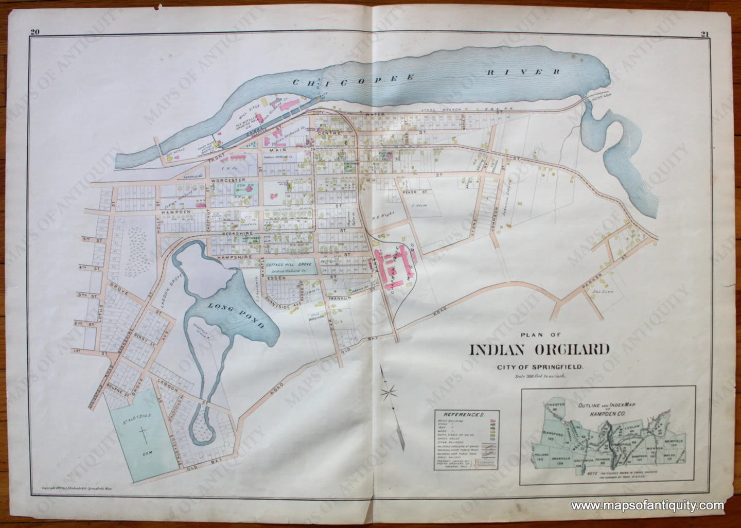 Antique-Map-Plan-of-Indian-Orchard-City-of-Springfield-Town-Towns-Cities-New-Topographical-Atlas-of-the-County-of-Hampden-Massachusetts-MA-Mass-Richards-1894-1890s-1800s-Late-19th-Century-Maps-of-Antiquity