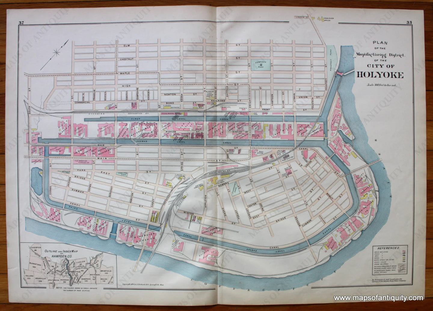 Antique-Map-Plan-of-the-Manufacturing-District-of-the-City-of-Holyoke-Towns-Cities-New-Topographical-Atlas-of-the-County-of-Hampden-Massachusetts-MA-Mass-Richards-1894-1890s-1800s-Late-19th-Century-Maps-of-Antiquity