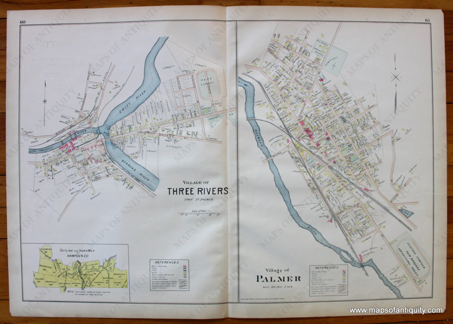 Antique-Map-Village-of-Three-Rivers-Village-of-PalmerTowns-Cities-New-Topographical-Atlas-of-the-County-of-Hampden-Massachusetts-MA-Mass-Richards-1894-1890s-1800s-Late-19th-Century-Maps-of-Antiquity