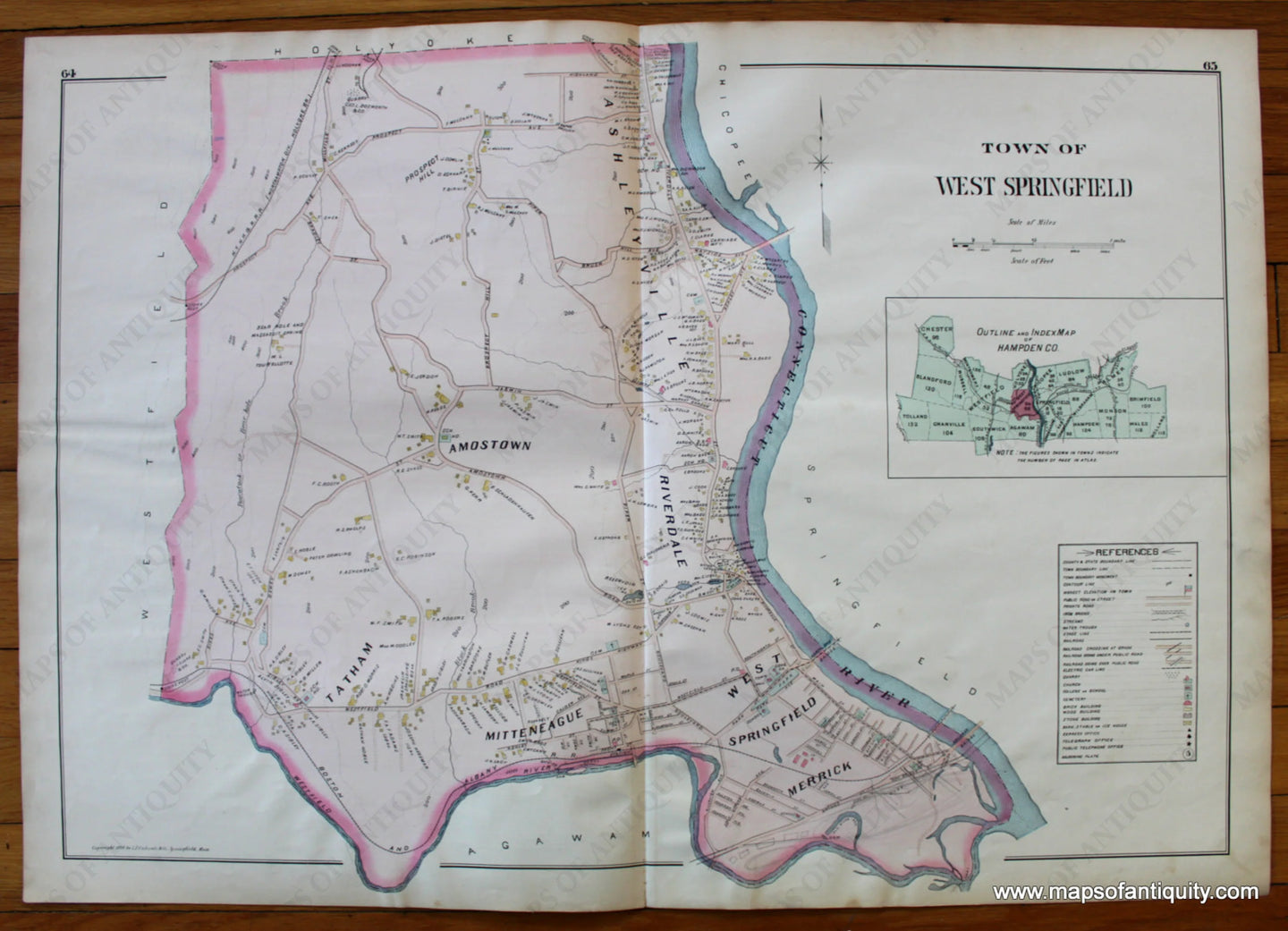 Antique-Map-Town-of-West-Springfield-Towns-Cities-New-Topographical-Atlas-of-the-County-of-Hampden-Massachusetts-MA-Mass-Richards-1894-1890s-1800s-Late-19th-Century-Maps-of-Antiquity