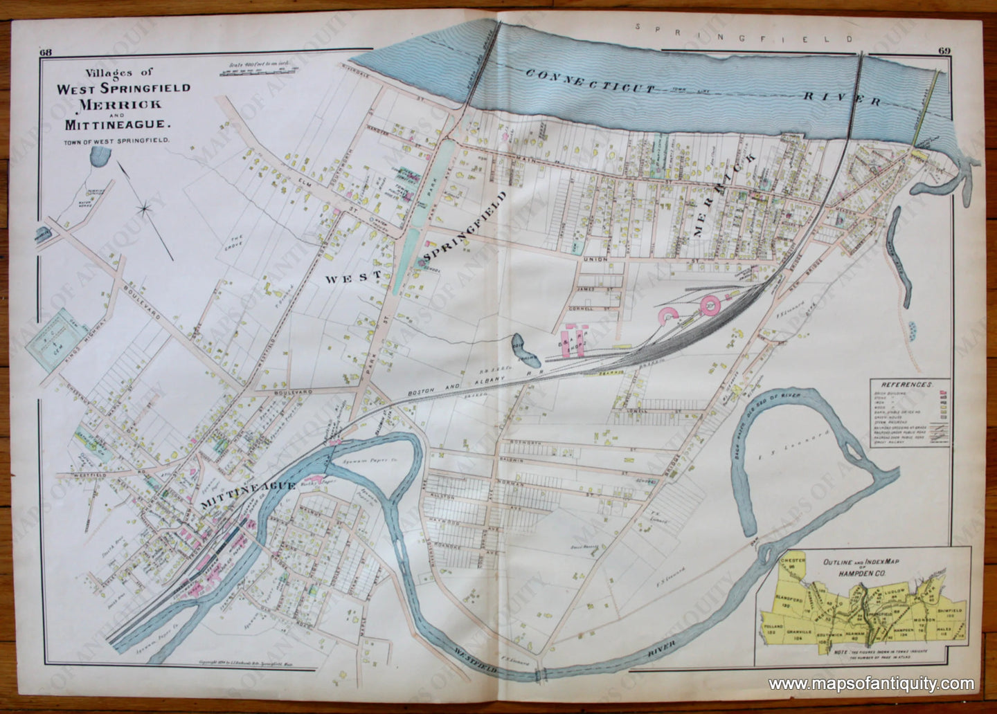 Antique-Map-Village-of-West-Springfield-Merrick-and-Mittineague-Towns-Cities-New-Topographical-Atlas-of-the-County-of-Hampden-Massachusetts-MA-Mass-Richards-1894-1890s-1800s-Late-19th-Century-Maps-of-Antiquity