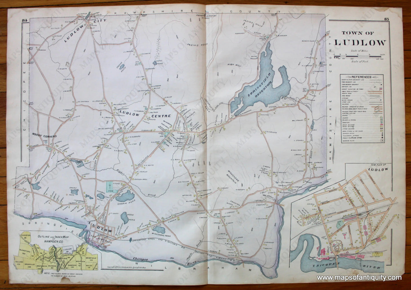 Antique-Map-Town-of-Ludlow-Towns-Cities-New-Topographical-Atlas-of-the-County-of-Hampden-Massachusetts-MA-Mass-Richards-1894-1890s-1800s-Late-19th-Century-Maps-of-Antiquity