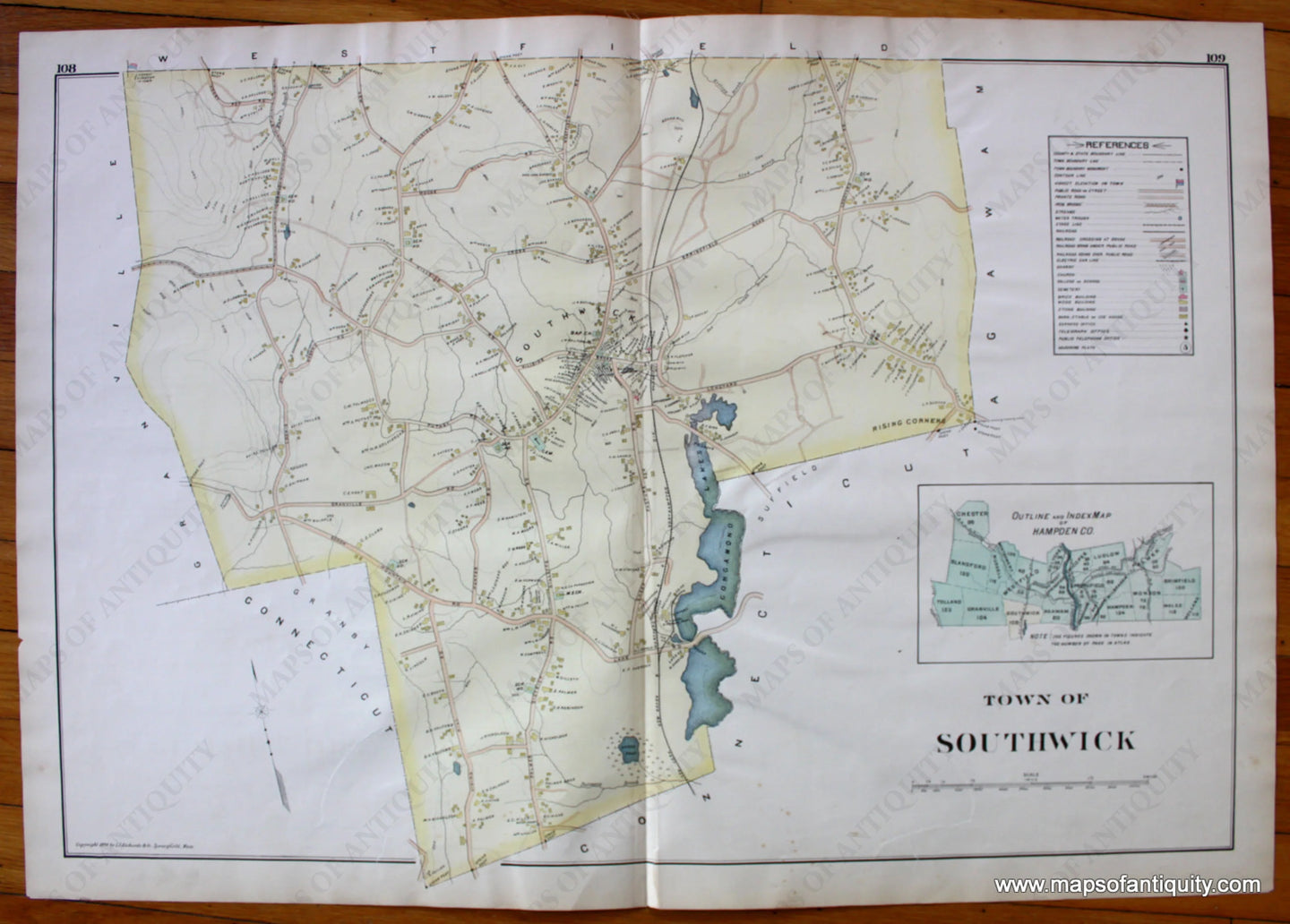 Antique-Map-Town-of-Southwick-Towns-Cities-New-Topographical-Atlas-of-the-County-of-Hampden-Massachusetts-MA-Mass-Richards-1894-1890s-1800s-Late-19th-Century-Maps-of-Antiquity